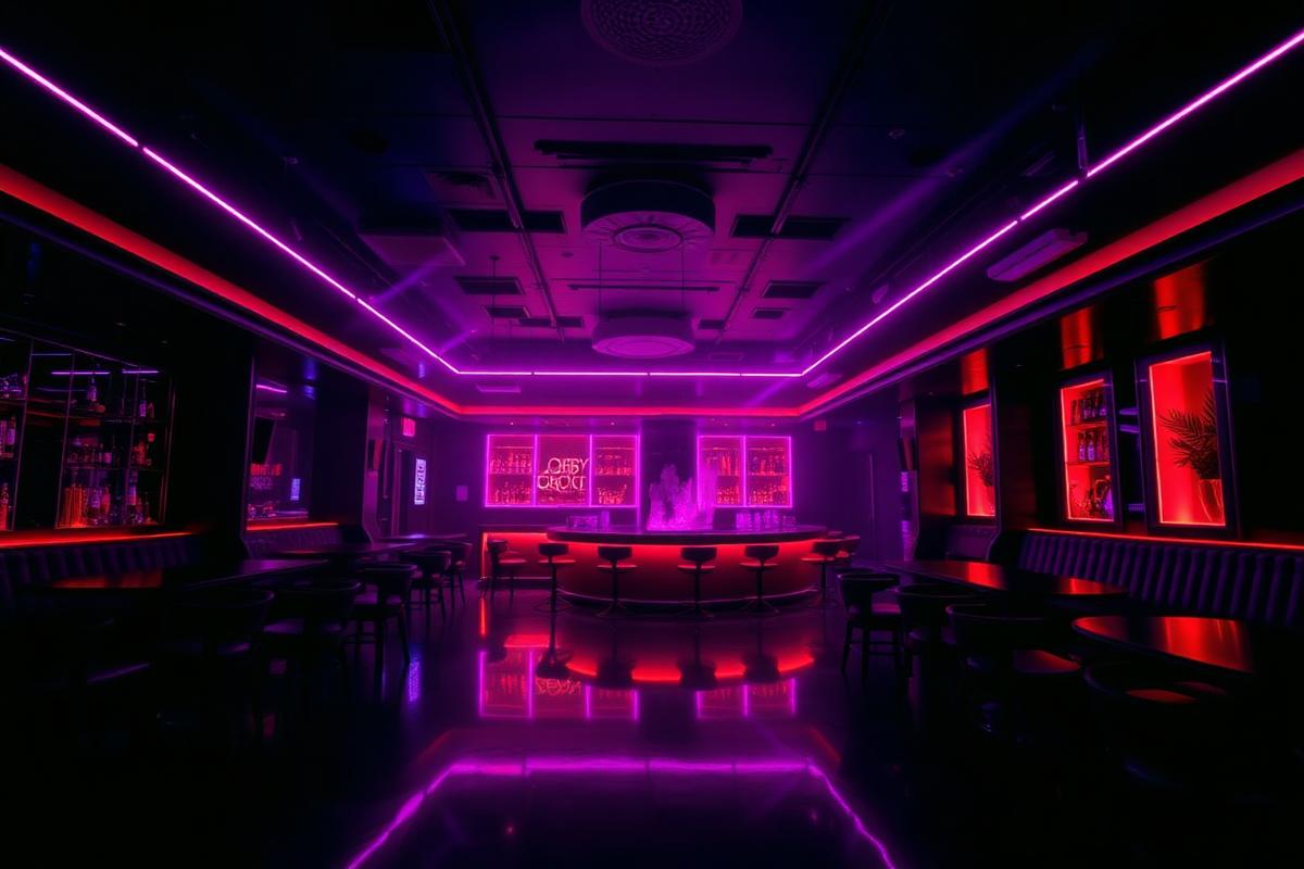 Interno di un locale con luci al neon viola e coral pronto per la serata